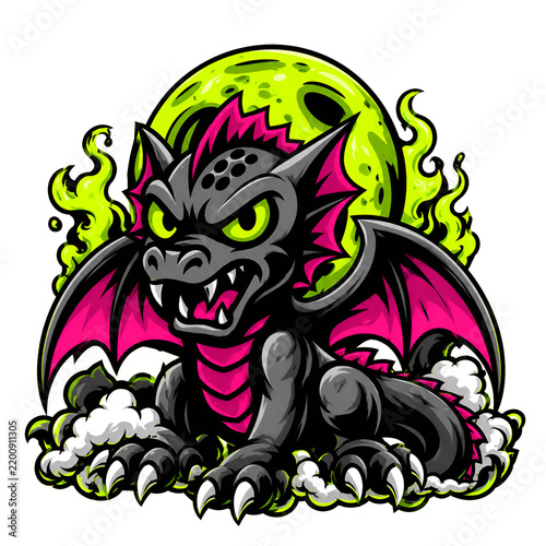 Chibi Fantasy Dragon Pink Wings Green Moon Tattoo Design
