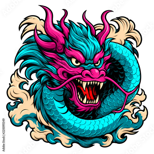 Neon Pink Blue Dragon Head Traditional Design