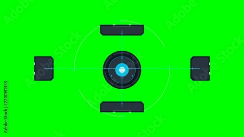 Futuristic gaming HUD interface assembling and activating around a central power core with mechanical lock-on animation, energy pulses, and an empty title area on a solid green screen background