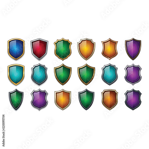 Collection of colorful heraldic shields with metallic trim on white background