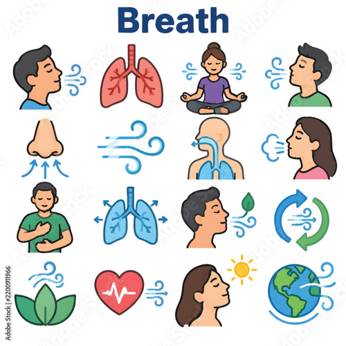 Breath Line Art Vector Icons, Breathing and Respiration Symbol Collection