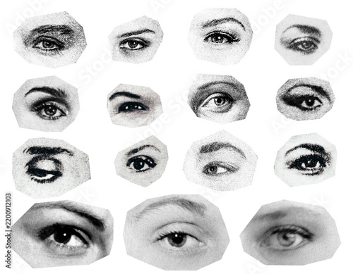 Isolated photo of newspaper textured female eyes, newspaper clipping. Paper collage or identikit clipart.