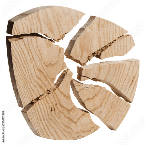 Shattered pieces of natural wooden circular board as transparent cutout
