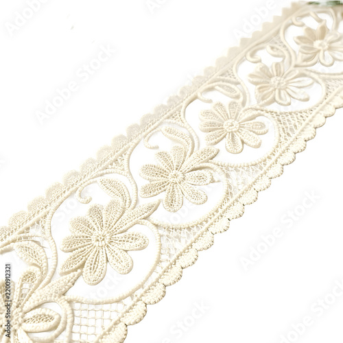 Vintage floral pattern cream lace ribbon trim as PNG cutout