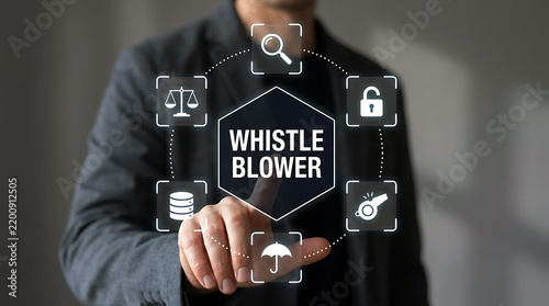 Businessman touching whistleblowing concept interface with security icons