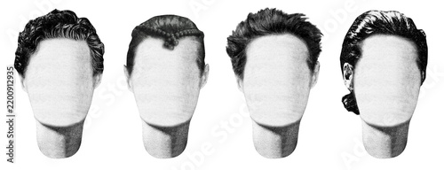 Isolated photo of newspaper textured female mannequin short hairstyles. Paper collage or identikit clipart.