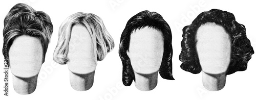 Isolated photo of newspaper textured female mannequin long hairstyles. Paper collage or identikit clipart.