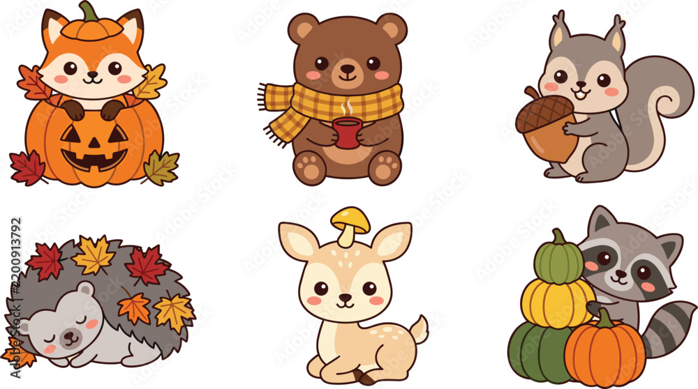 Obraz premium Cute Autumn and Halloween Animal Illustration Set with Fox, Bear, Squirrel, Hedgehog, Deer, Raccoon, Pumpkins, and Seasonal Leaves