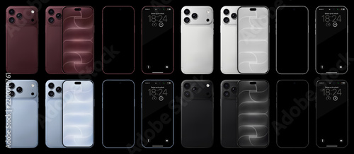 Detailed red, blue, black and silver mobile phone mockup pack. Smartphone front and rear view isolated on black background. Vector illustration