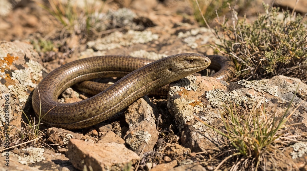 Fototapeta premium Detailed close up of a brown snake slithering across dry rocky terrain in the wild