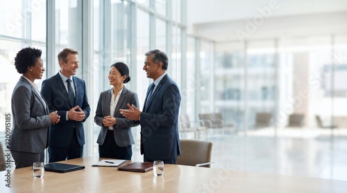 Corporate business team in formal suits standing in modern atrium. Diverse company executives having discussion in sunlit office lobby. Professional corporate colleagues. Banner, copy space.