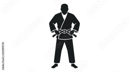 Minimalist black silhouette of a judo athlete wearing a traditional martial arts uniform gi and holding a black belt, isolated on white background for sports and combat training concept.