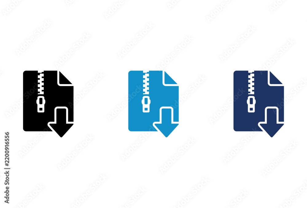 Fototapeta premium Set of compressed zip file download icons in black and blue colors for digital storage and web design.