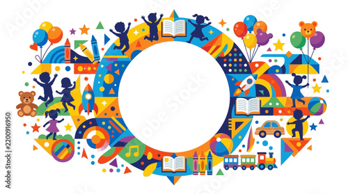 Colorful Kids Education Concept Frame with Toys and Children
