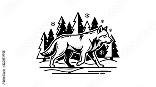 Artistic wolf silhouette with forest and winter stars.