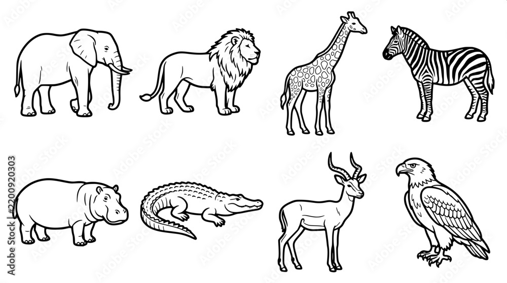 Fototapeta premium Zambia African Wildlife Black and White Vector Silhouette Icon Set