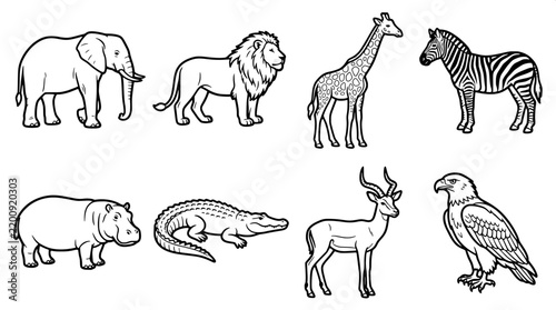 Zambia African Wildlife Black and White Vector Silhouette Icon Set