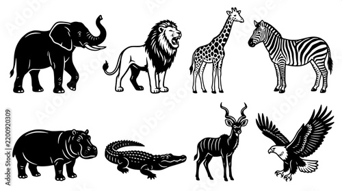 African Safari Animals Outline Vector Icon Collection