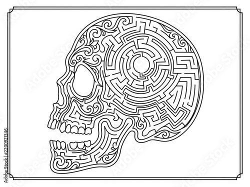 Black and white skull shaped labyrinth maze illustration for coloring book page with clean lines
