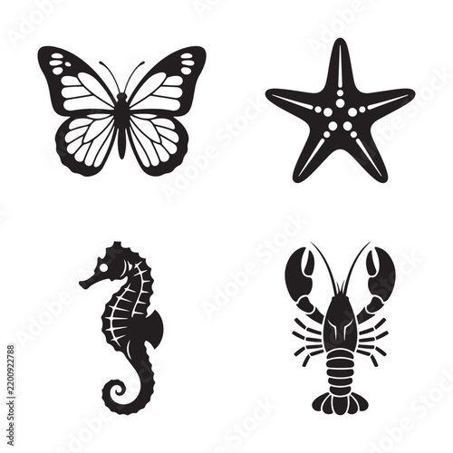 Animals Silhouette Set Butterfly Starfish Seahorse Lobster Vector Icons Isolated White Background