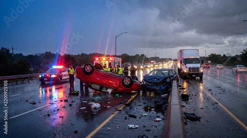Emergency responders at the scene of a serious multivehicle car accident on a rainy highway