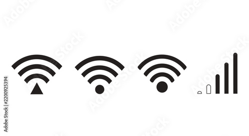 Collection of black wireless signal icons with varying bars and a tiny signal symbol.