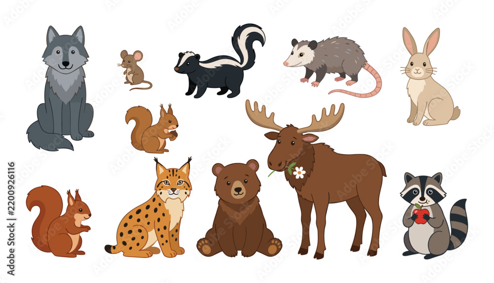 Obraz premium Cute woodland animals cartoon character vector element set featuring wolf bear moose lynx rabbit raccoon skunk squirrel and opossum