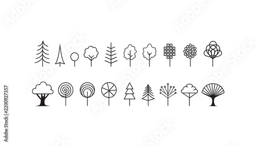 Set of minimalist tree icons featuring various geometric shapes and line art styles on white background