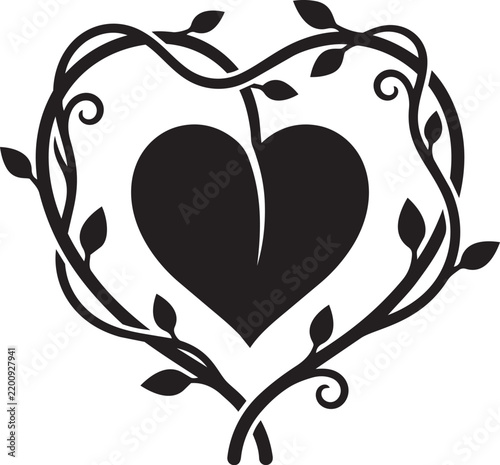 Black heart shape icon with vines and leaves forming a natural floral frame design for romantic illustrations isolated on transparent background, Vector