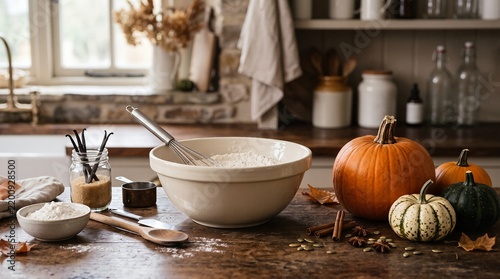 Traditional autumn baking ingredients featuring pumpkins and flour in a rustic kitchen for Halloween or Thanksgiving preparations.