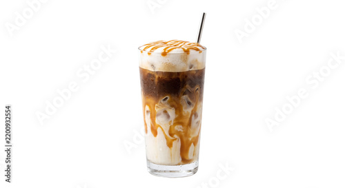 Iced caramel macchiato coffee drink with metal straw
