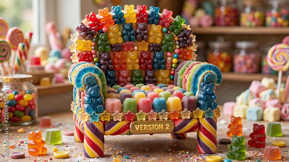 Fototapeta premium Gummy Bear Chair An imaginative armchair made entirely of colorful gummy bears, candies, lollipops, and sweets inside a candy shop bears candies lollipops illustration background composition