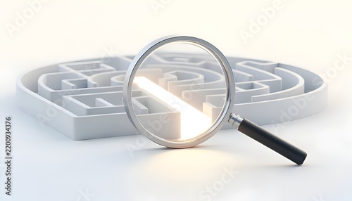 A silver magnifier glass focuses on a glowing path toward the target inside a complex white 3D maze, symbolizing business strategy, research, finding solutions, and clarity in problem-solving.