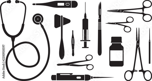 Collection of medical instruments and tools in black silhouette