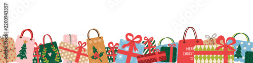 Christmas Gift Banner with Colorful Wrapped Presents and Holiday Shopping Bags, Festive Winter Celebration Design, Merry Christmas Hand drawn Vector Illustrations