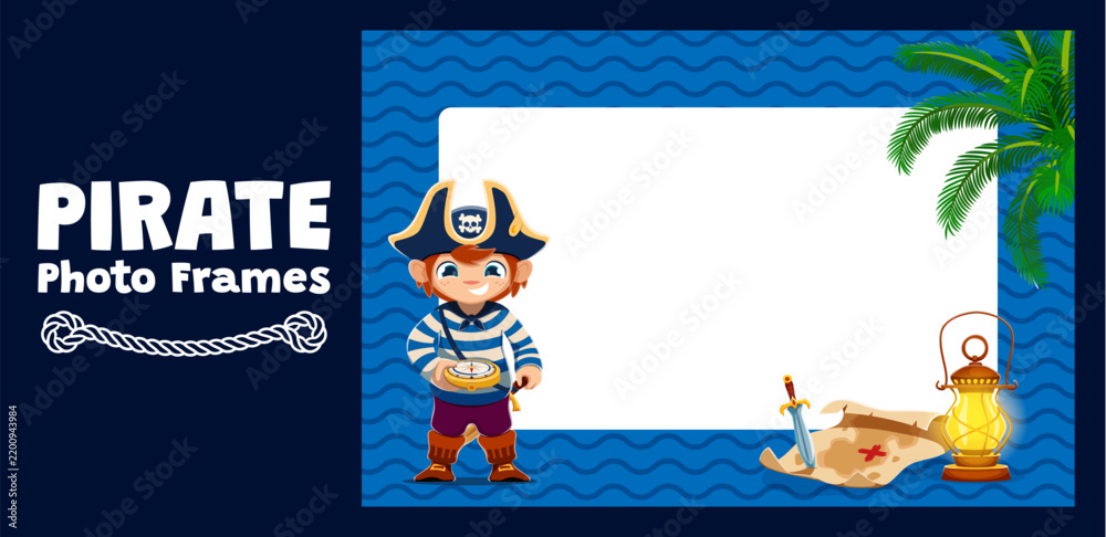 Fototapeta premium Kids photo frame with pirate boy sailor and treasures map in sea waves border. Kids photo frame with boy in pirate captain hat with compass on Caribbean island with tropical palm and lantern