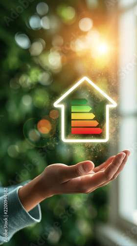 Sustainable Home Energy Efficiency: A gentle hand cradles a glowing house icon displaying an energy efficiency rating.