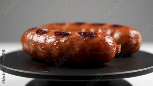 Close-up shot of juicy, appetizing grilled sausages rotating on a black platter in a studio setting, showcasing their delicious char marks and glistening surface.