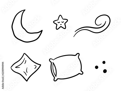 Hand drawn crescent moon sleeping star wind swirl pillow and dots on white background