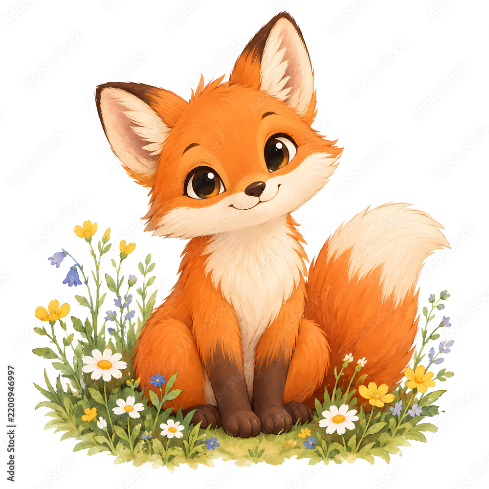 Fototapeta premium Cute fox sitting among colorful wildflowers in whimsical cartoon style evoking warmth and friendliness