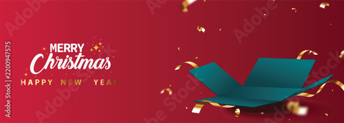 Merry Christmas and Happy New Year Greeting With Open Gift Box, Gold Confetti and Festive Red Background. ideal for holiday cards, banners and seasonal promotions.