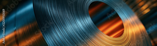 Rolled Steel Coil: A close-up abstract view of a large, industrial rolled steel coil, showcasing its metallic texture and the reflection of warm orange light against the cool blue tones.