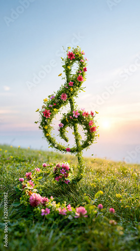 A treble clef symbol made of green vines and pink flowers stands on grass against a serene sky at sunset.