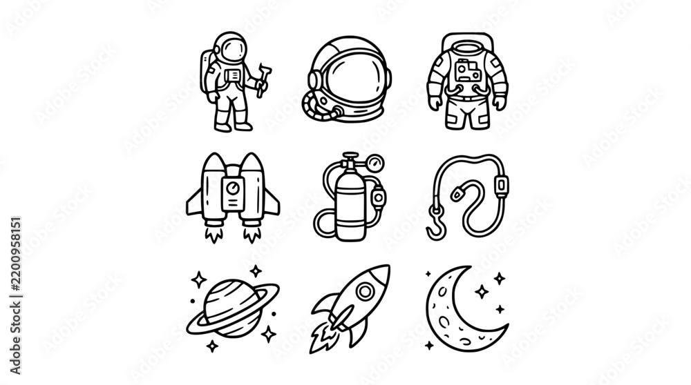 Fototapeta premium Hand drawn clean solid bold astronaut space explorer icon set helmet suit jetpack oxygen tank tether planet rocket moon, black ink vector illustration