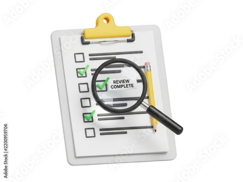 A clipboard with a checklist and a magnifying glass isolated on transparent background