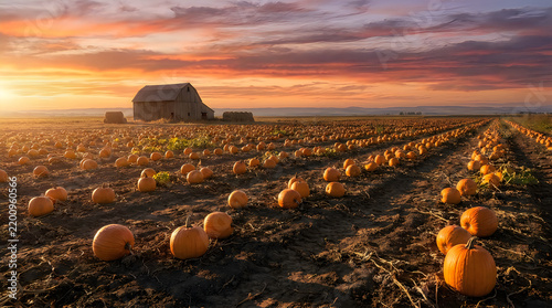 Pumpkin patch in a field with a rustic barn at sunset during the autumn season