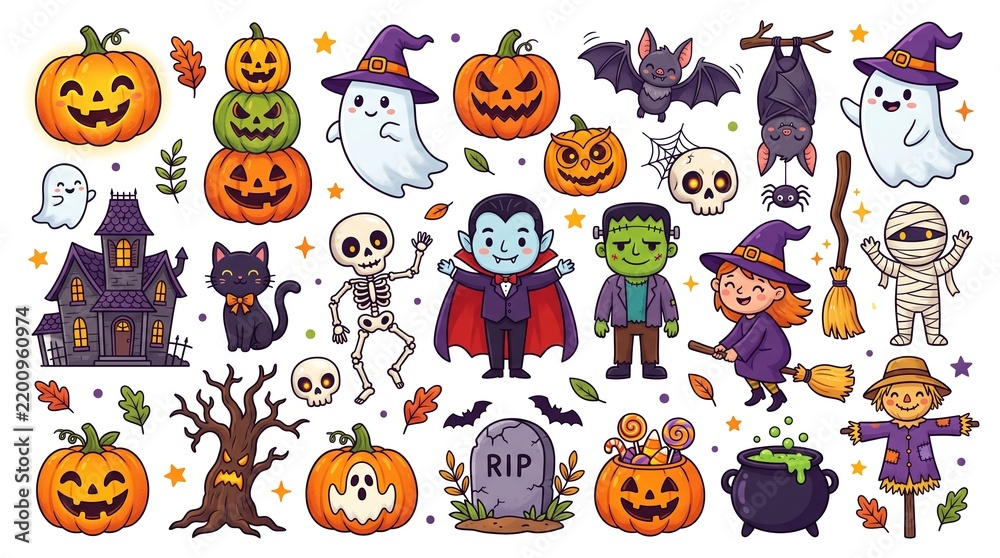 Obraz premium Halloween party character and symbol collection containing icons for Jack o lantern Vampire Ghost Witch Skeleton Haunted house and Mummy for autumn holiday design and celebration