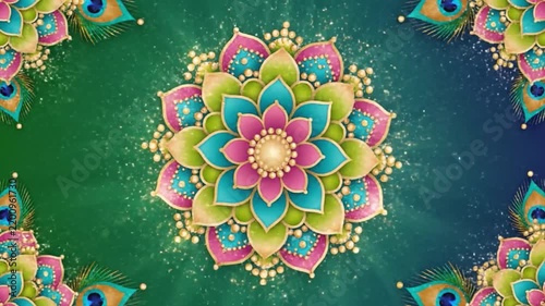 Colorful floral mandala with golden details and peacock feathers on decorative background for durga puja navratri diwali and traditional hindu festival celebrations