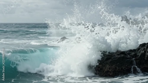 Ocean Waves Crashing Against Volcanic Rocks On Coastal Shoreline