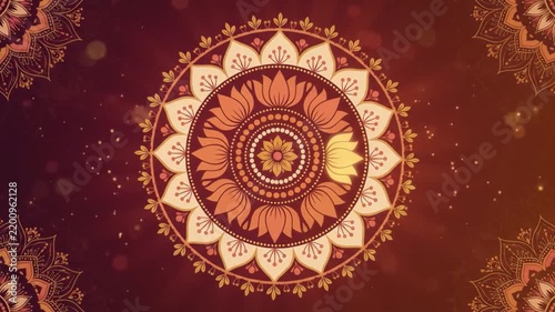 Golden lotus mandala with cream petals and ornamental corners on maroon background for durga puja navratri diwali and traditional hindu festival celebrations